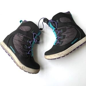 MERRELL Kids Girls 13 Gray Purple Teal Pull On Winter Snow Bank Waterproof Boots